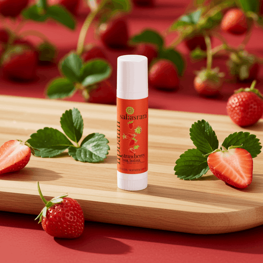 Natural strawberry lip balm texture for soft pink lips