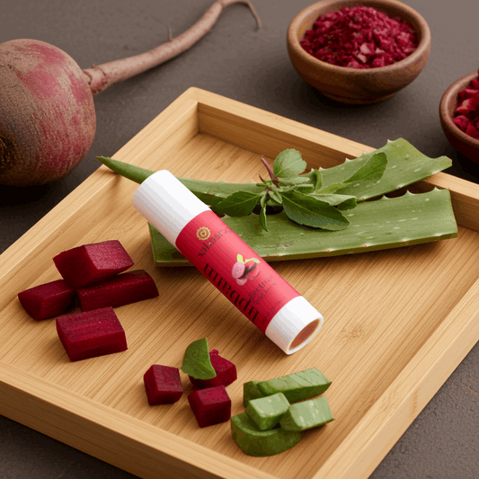 Natural beetroot lip balm texture for soft pink lips